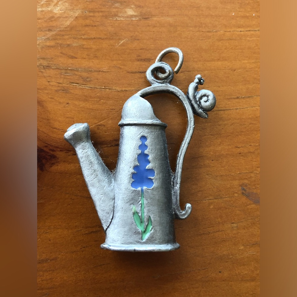 Vintage Pewter Necklace Watering Can Charm, Snail Floral, Dollhouse Mini Cottage